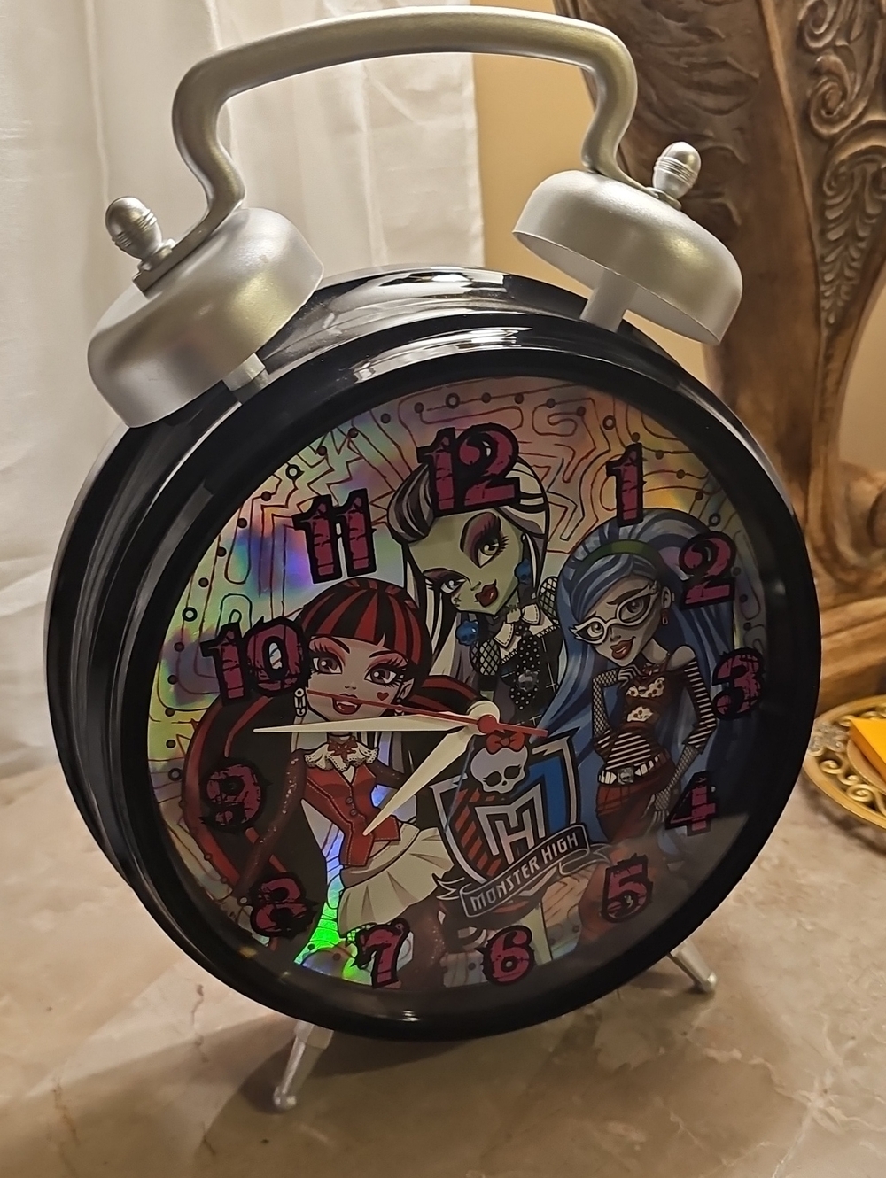 Monster High Black and Silver Holographic Character Alarm Clock 13"H X9"W New